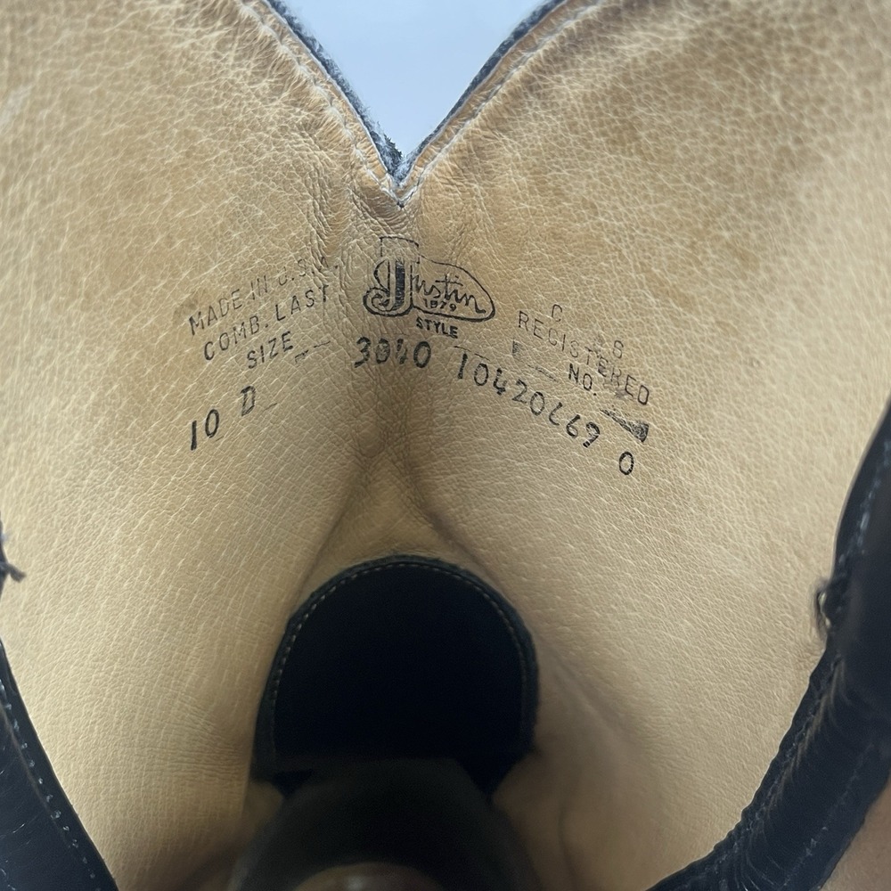 Justin Black Uniform Roper Boot 3040 Made in USA Vibram Rubber Sole 10D Vintage - Picture 7 of 8